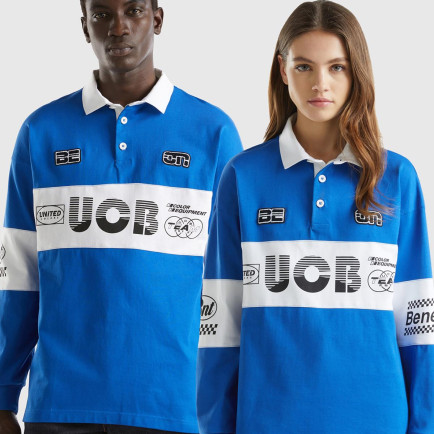 Unisex Saks Mavi %100 Pamuk Logo Baskılı Polo Yaka Sweatshirt