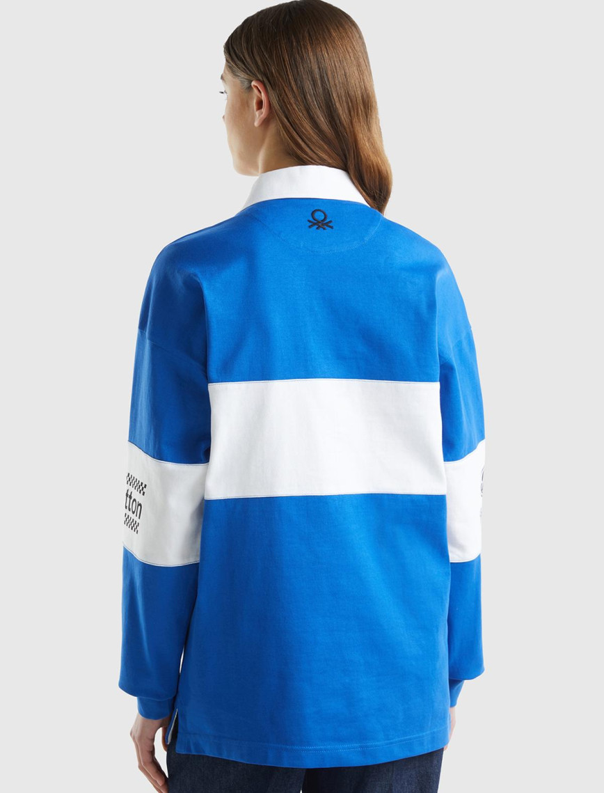 Unisex Saks Mavi %100 Pamuk Logo Baskılı Polo Yaka Sweatshirt