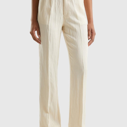 Kadın Bej Liyosel Karışımlı Çift Pileli  Pantolon