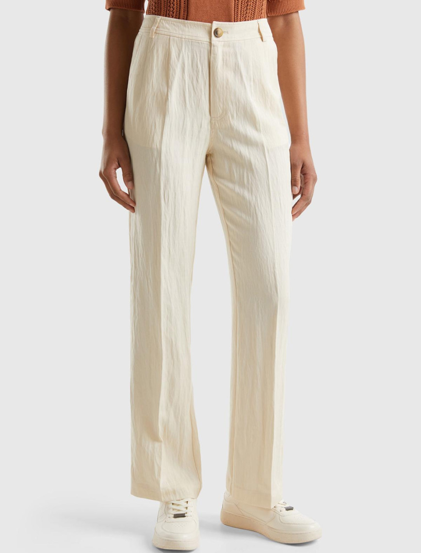 Kadın Bej Liyosel Karışımlı Çift Pileli Pantolon Kadın Bej Liyosel Karışımlı Çift Pileli Pantolon