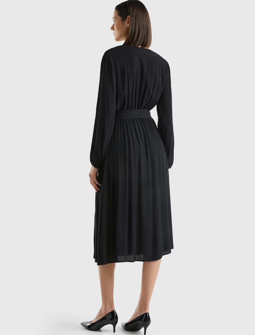 Kadın Siyah %100 Viskoz Beli Kuşaklı Uzun Kollu Kruvaze Elbise