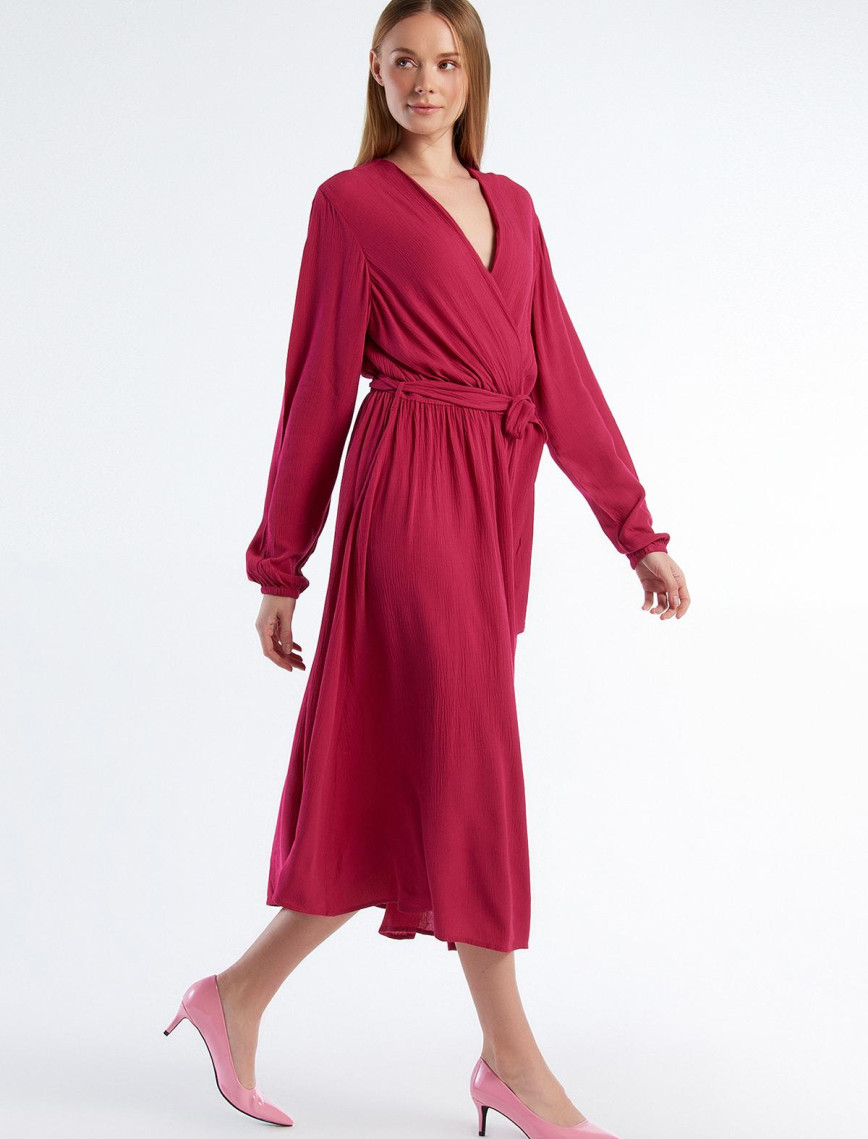 Kadın Fuşya %100 Viskoz Beli Kuşaklı Uzun Kollu Kruvaze Elbise