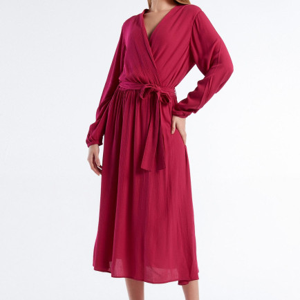 Kadın Fuşya %100 Viskoz Beli Kuşaklı Uzun Kollu Kruvaze Elbise