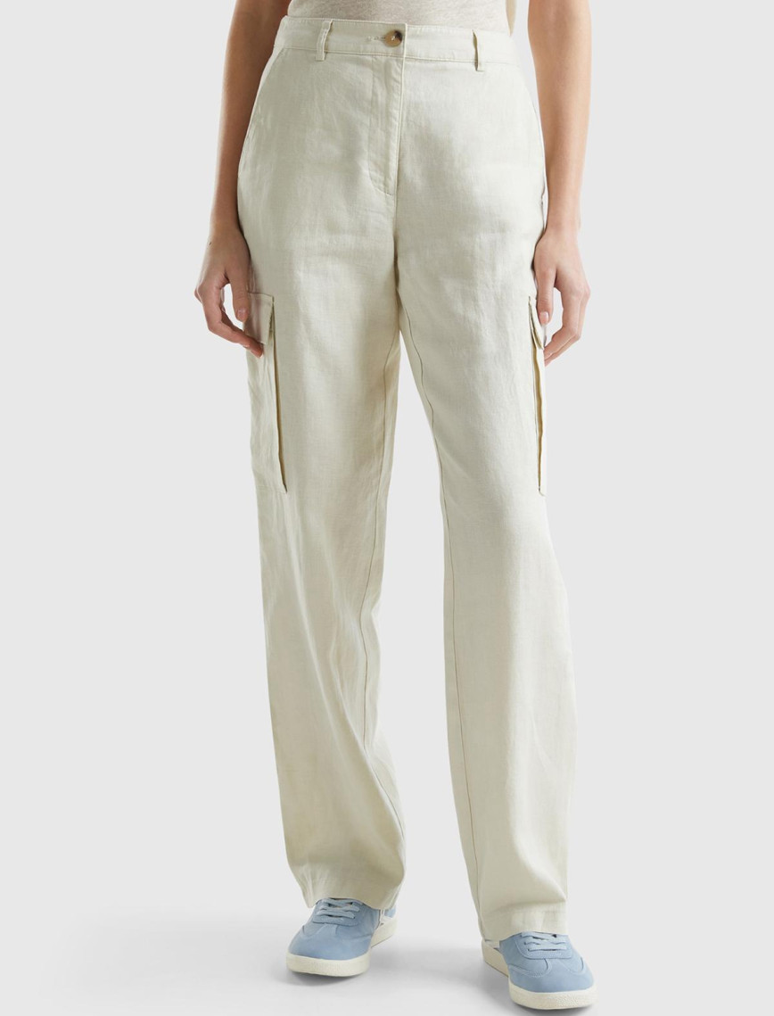 Kadın Bej %100 Keten Kargo Pantolon Kadın Bej %100 Keten Kargo Pantolon