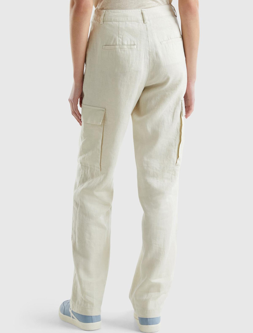 Kadın Bej %100 Keten Kargo Pantolon Kadın Bej %100 Keten Kargo Pantolon