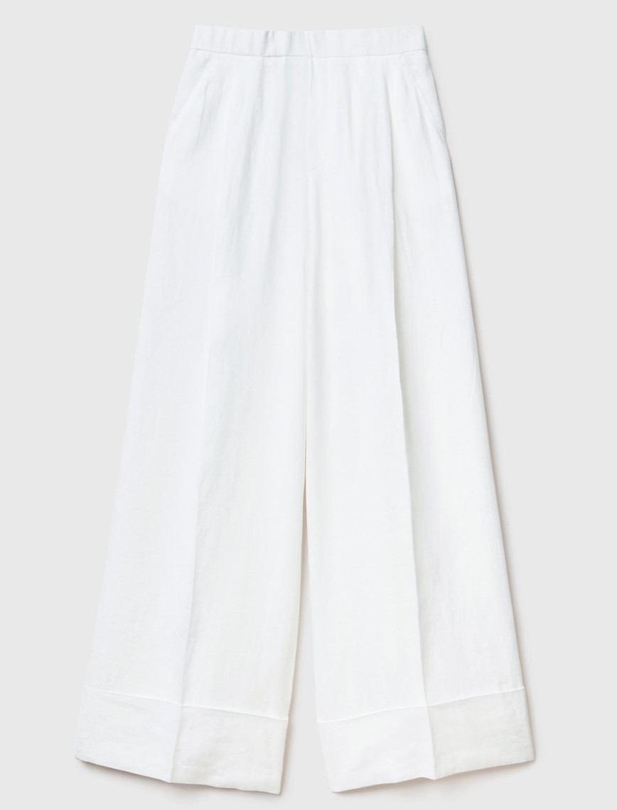 Kadın Beyaz %100 Keten Beli Lastikli Geniş Kesim Pantolon Kadın Beyaz %100 Keten Beli Lastikli Geniş Kesim Pantolon