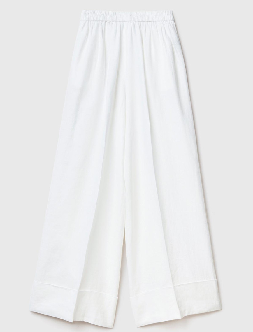 Kadın Beyaz %100 Keten Beli Lastikli Geniş Kesim Pantolon Kadın Beyaz %100 Keten Beli Lastikli Geniş Kesim Pantolon