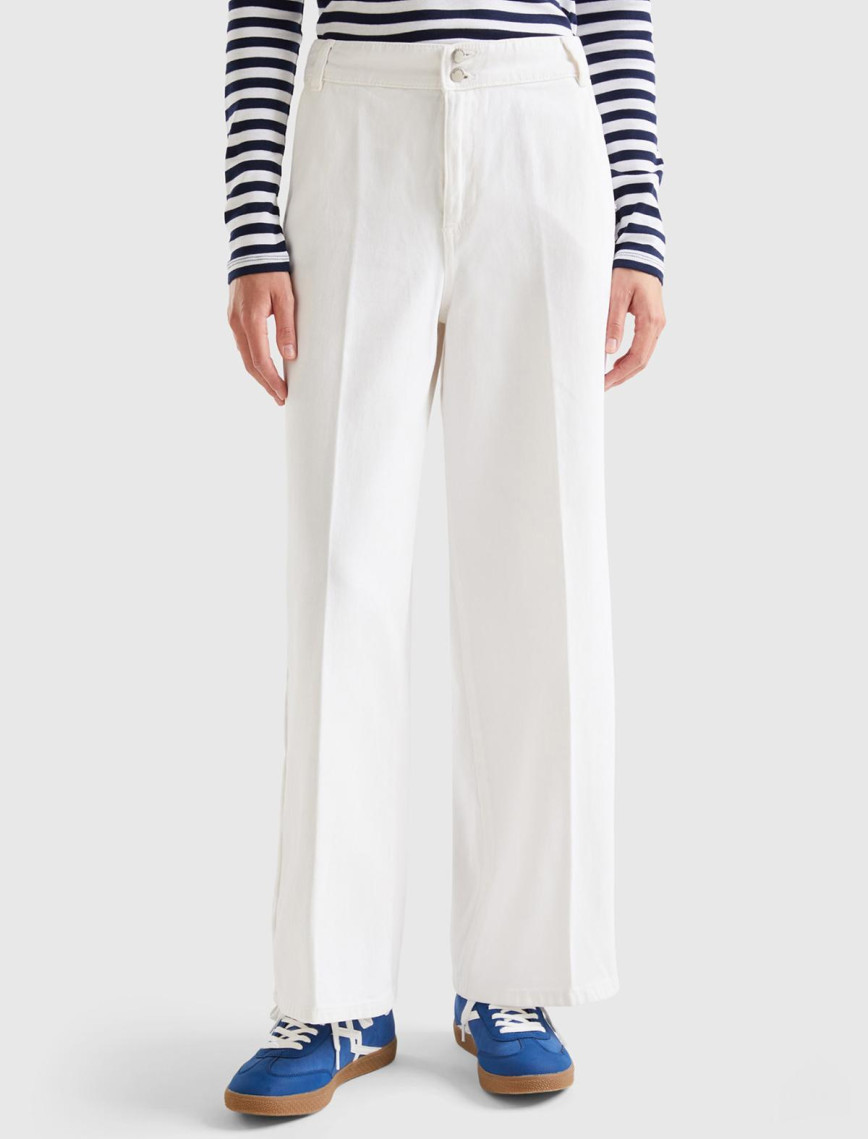 Kadın Beyaz Beli Lastikli Geniş Paça Denim Pantolon Kadın Beyaz Beli Lastikli Geniş Paça Denim Pantolon