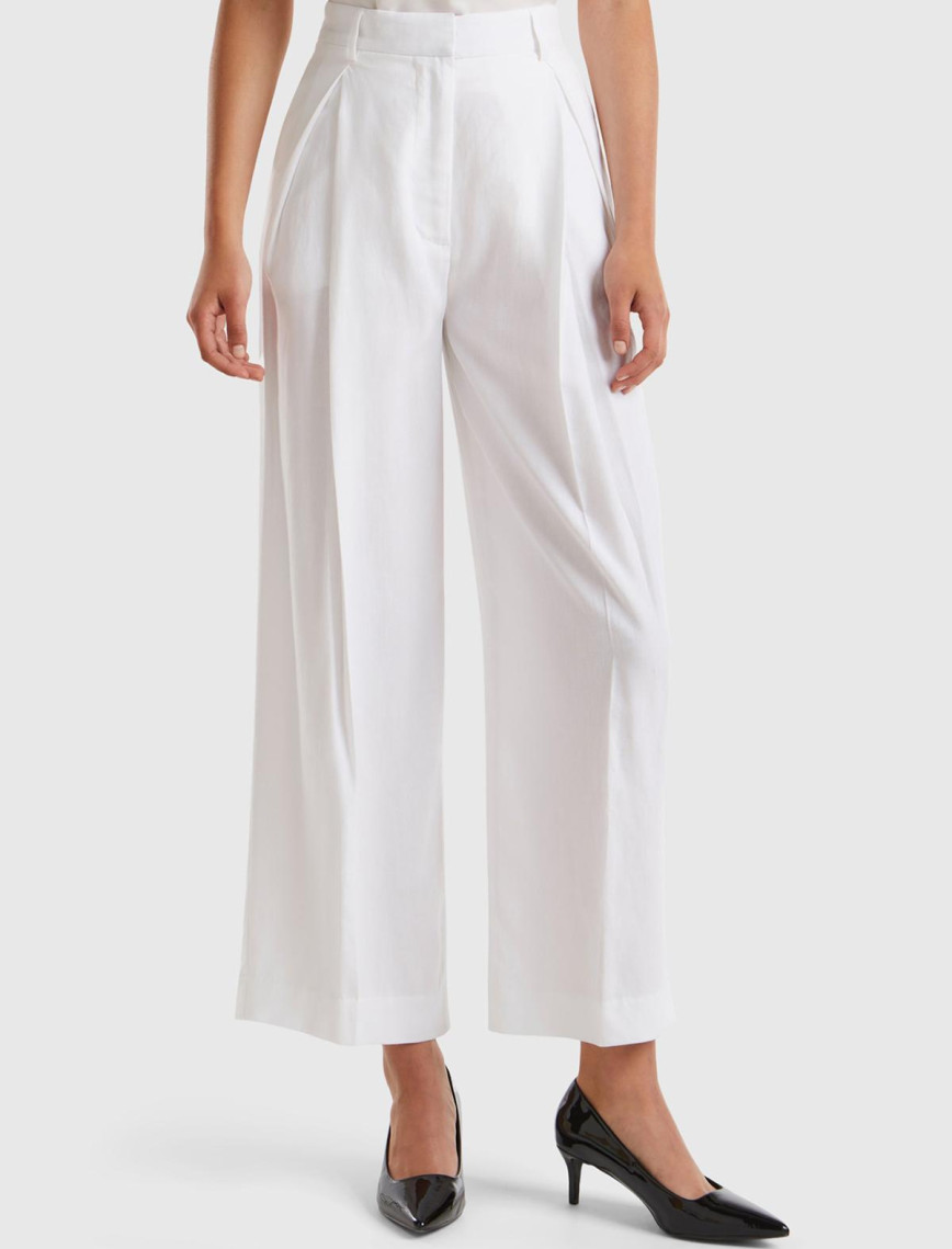Kadın Beyaz Liyosel ve Keten Karışımlı Önü Pilili Pantolon Kadın Beyaz Liyosel ve Keten Karışımlı Önü Pilili Pantolon