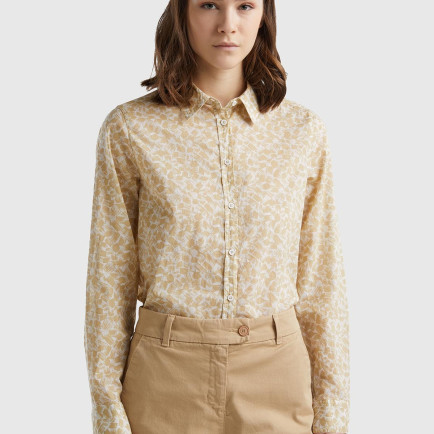 Kadın Bej Mix %100 Koton Desenli Gömlek