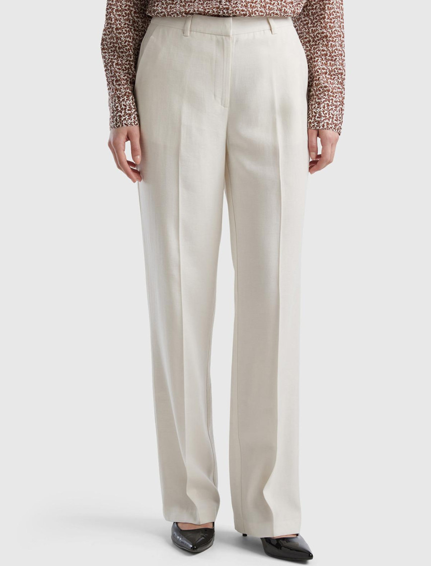 Kadın Krem Viskoz Karışımlı Bol Paça Pantolon Kadın Krem Viskoz Karışımlı Bol Paça Pantolon