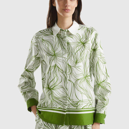 Kadın Yeşil Mix Pamuk Karışımlı Tamamı Desenli Geniş Kesim Uzun Kol Gömlek