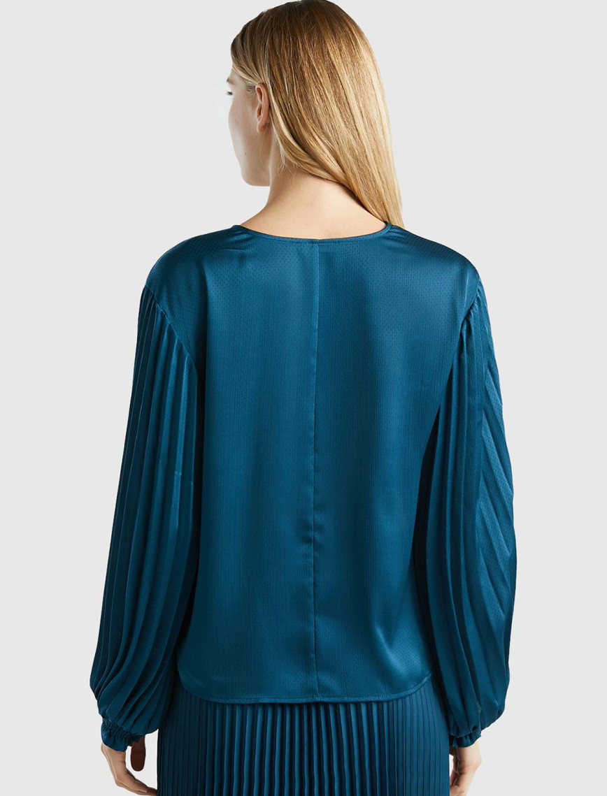 Kadın Petrol Mavisi Kolları Detaylı V Yaka Bluz