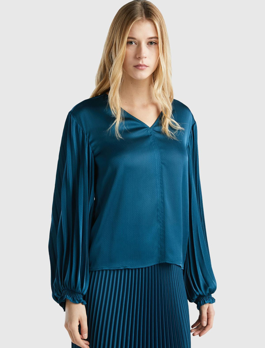 Kadın Petrol Mavisi Kolları Detaylı V Yaka Bluz