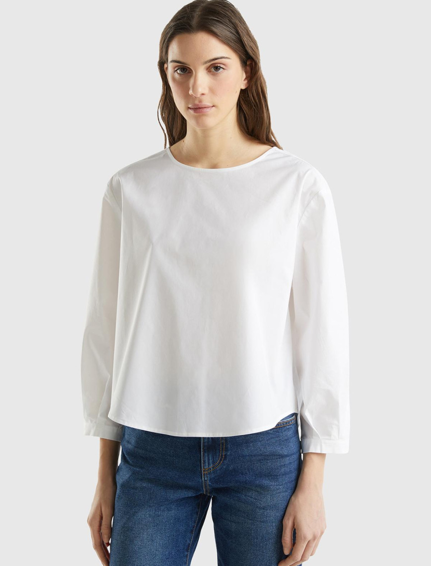 Kadın Beyaz Streç Pamuklu Kayık Yaka Bluz Kadın Beyaz Streç Pamuklu Kayık Yaka Bluz