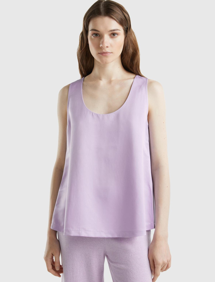 Kadın Lila Viskoz Karışımlı Saten Kolsuz Bluz