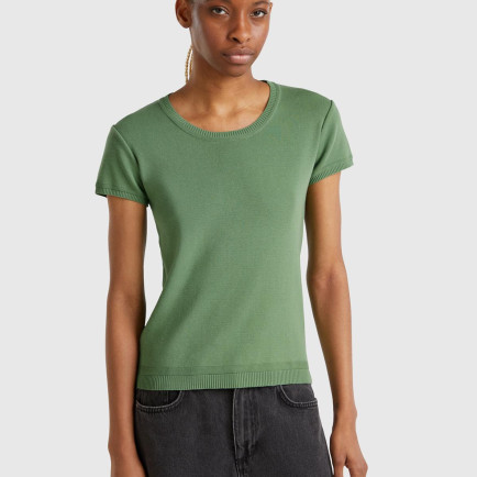 Kadın Açık Yeşil %100 Koton Bisiklet Yaka Kısa Kollu Kazak