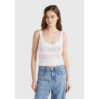 Kadın Beyaz %100 Pamuk Şerit Efektli Örme Relax Fit V Yaka Triko Atlet