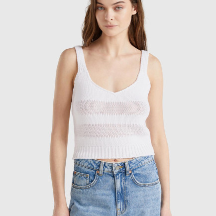 Kadın Beyaz %100 Pamuk Şerit Efektli Örme Relax Fit V Yaka Triko Atlet