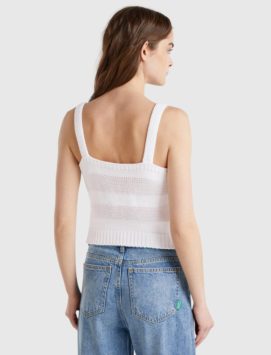 Kadın Beyaz %100 Pamuk Şerit Efektli Örme Relax Fit V Yaka Triko Atlet