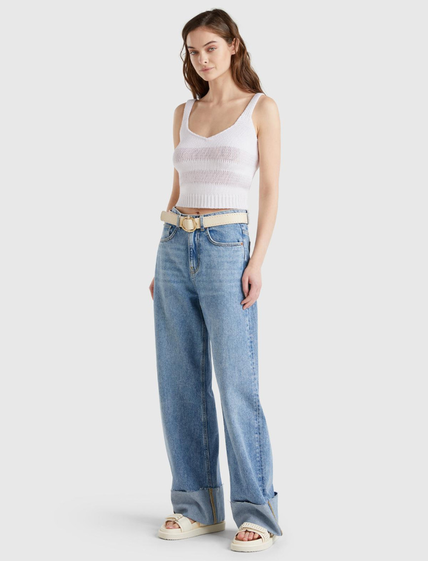 Kadın Beyaz %100 Pamuk Şerit Efektli Örme Relax Fit V Yaka Triko Atlet