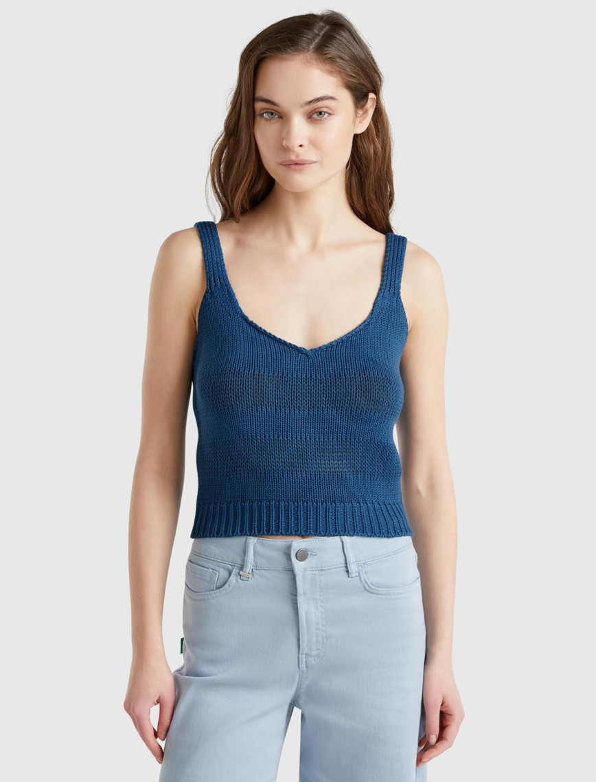 Kadın Denim %100 Pamuk Şerit Efektli Örme Relax Fit V Yaka Triko Atlet