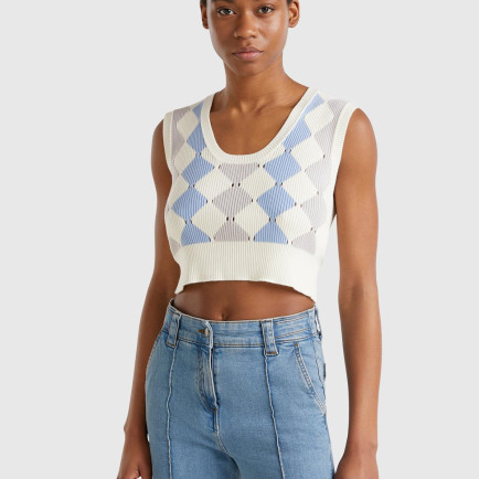 Kadın Krem Baklava Desenli Nervür Detaylı Ribanalı Crop Süveter