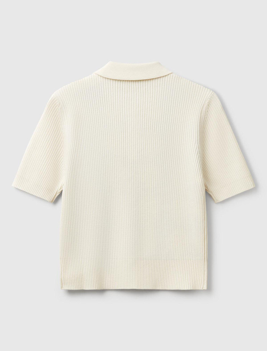 Kadın Krem Baklava Desenli Nervür Detaylı Polo Yaka Kısa Kollu Kazak Kadın Krem Baklava Desenli Nervür Detaylı Polo Yaka Kısa Kollu Kazak