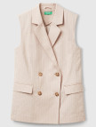 Kadın Bej Pamuk ve Keten Karışımlı İnce Çizgili Cepli Kruvaze Yelek Kadın Bej Pamuk ve Keten Karışımlı İnce Çizgili Cepli Kruvaze Yelek