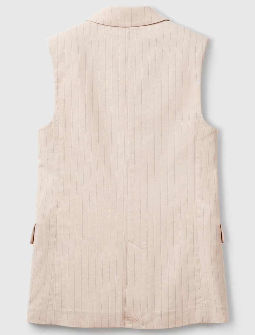 Kadın Bej Pamuk ve Keten Karışımlı İnce Çizgili Cepli Kruvaze Yelek Kadın Bej Pamuk ve Keten Karışımlı İnce Çizgili Cepli Kruvaze Yelek