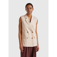 Kadın Bej Pamuk ve Keten Karışımlı İnce Çizgili Cepli Kruvaze Yelek Kadın Bej Pamuk ve Keten Karışımlı İnce Çizgili Cepli Kruvaze Yelek