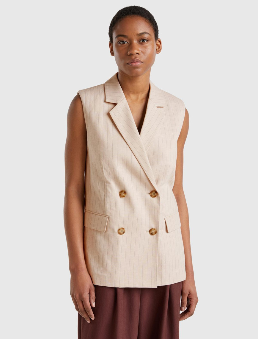 Kadın Lacivert Pamuk ve Keten Karışımlı İnce Çizgili Cepli Kruvaze Yelek Kadın Lacivert Pamuk ve Keten Karışımlı İnce Çizgili Cepli Kruvaze Yelek