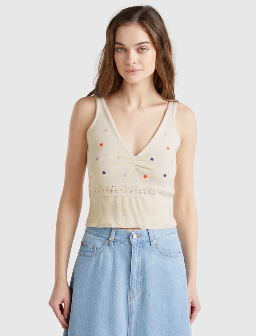 Kadın Krem %100 Pamuk Çiçek İşlemeli Göğsü Büzgülü Regular Fit Triko Atlet Kadın Krem %100 Pamuk Çiçek İşlemeli Göğsü Büzgülü Regular Fit Triko Atlet