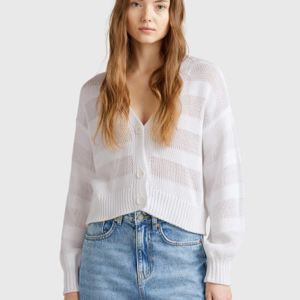 Kadın Beyaz %100 Pamuk Şerit Efektli Düşük Omuzlu Örme Relax Fit Hırka Kadın Beyaz %100 Pamuk Şerit Efektli Düşük Omuzlu Örme Relax Fit Hırka