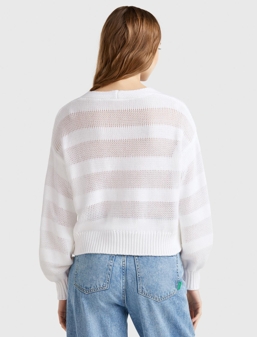 Kadın Beyaz %100 Pamuk Şerit Efektli Düşük Omuzlu Örme Relax Fit Hırka Kadın Beyaz %100 Pamuk Şerit Efektli Düşük Omuzlu Örme Relax Fit Hırka