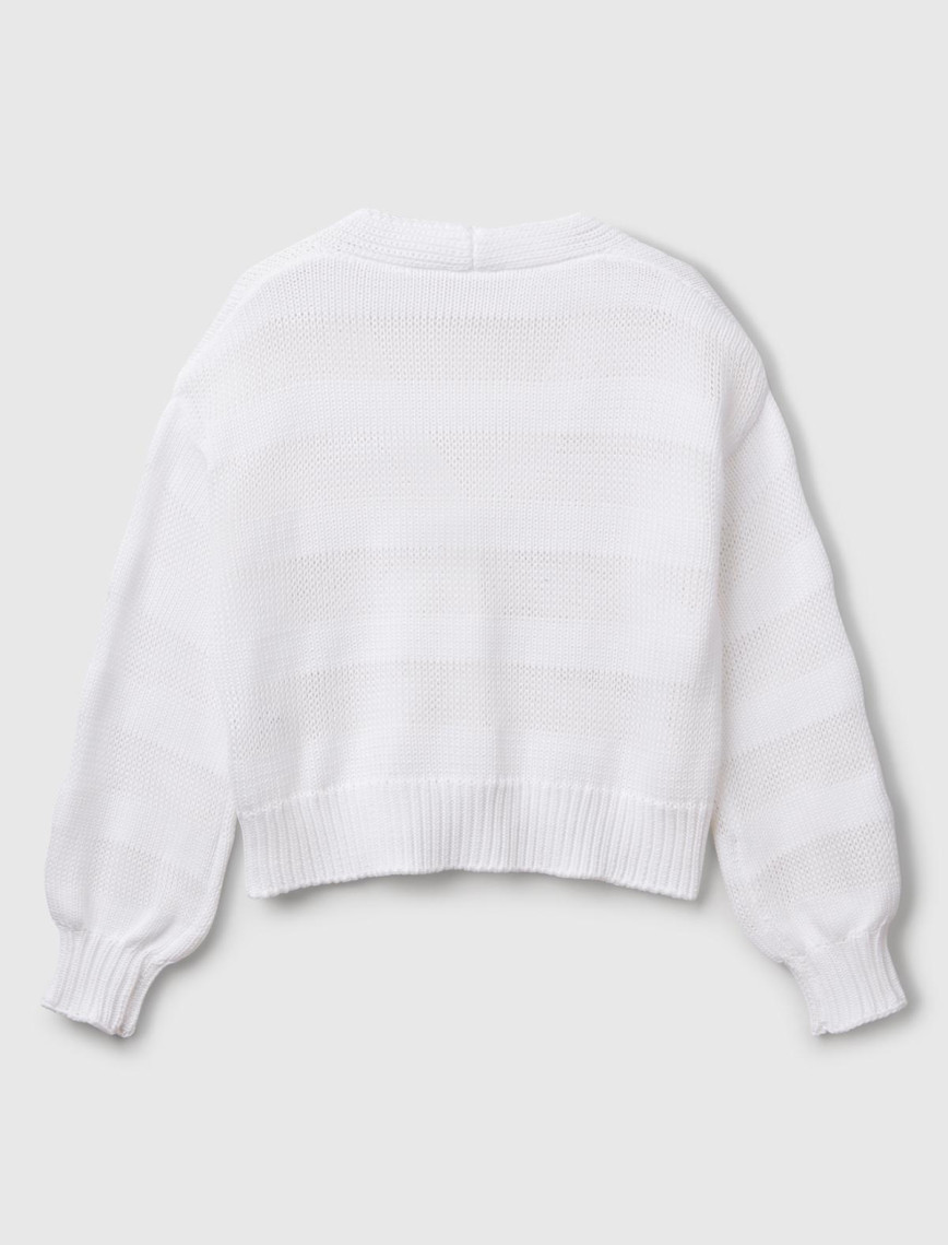 Kadın Beyaz %100 Pamuk Şerit Efektli Düşük Omuzlu Örme Relax Fit Hırka Kadın Beyaz %100 Pamuk Şerit Efektli Düşük Omuzlu Örme Relax Fit Hırka