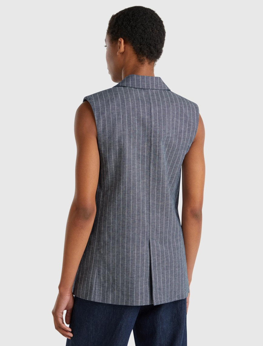 Kadın Lacivert Pamuk ve Keten Karışımlı İnce Çizgili Cepli Kruvaze Yelek Kadın Lacivert Pamuk ve Keten Karışımlı İnce Çizgili Cepli Kruvaze Yelek