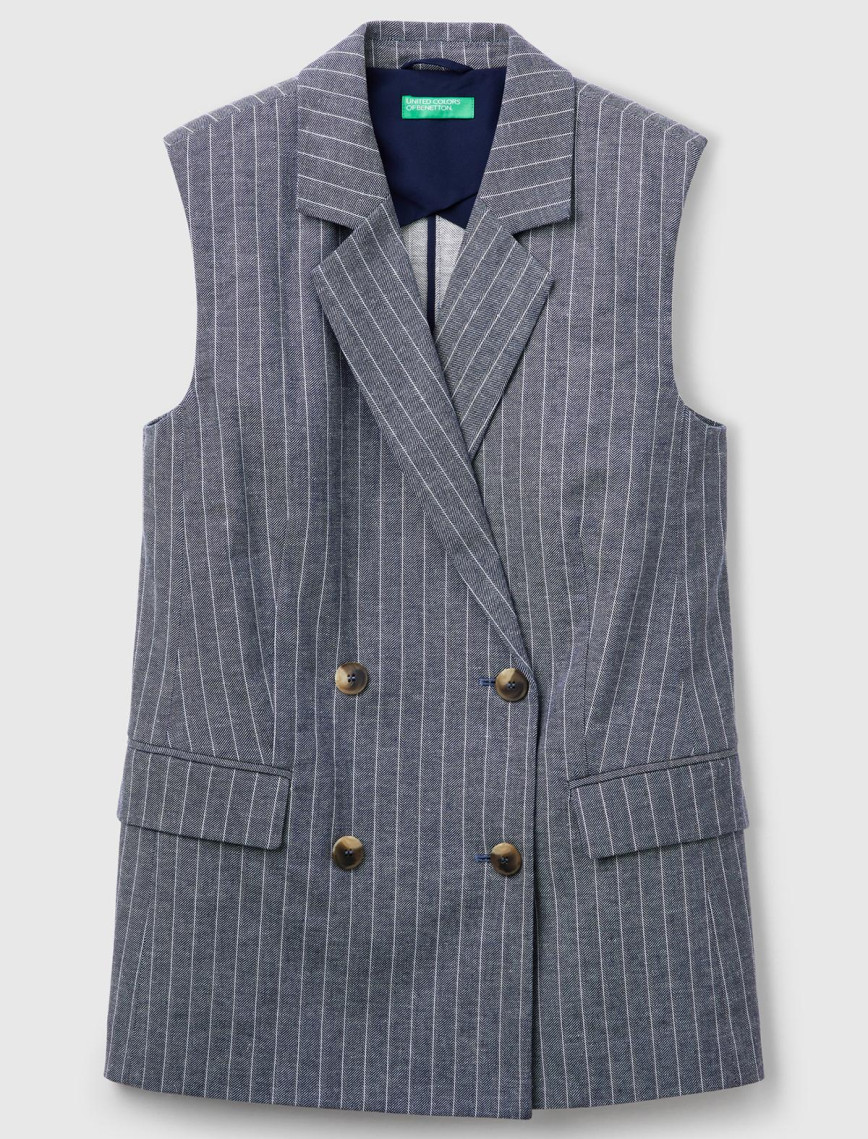 Kadın Lacivert Pamuk ve Keten Karışımlı İnce Çizgili Cepli Kruvaze Yelek Kadın Lacivert Pamuk ve Keten Karışımlı İnce Çizgili Cepli Kruvaze Yelek