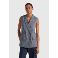 Kadın Lacivert Pamuk ve Keten Karışımlı İnce Çizgili Cepli Kruvaze Yelek Kadın Lacivert Pamuk ve Keten Karışımlı İnce Çizgili Cepli Kruvaze Yelek