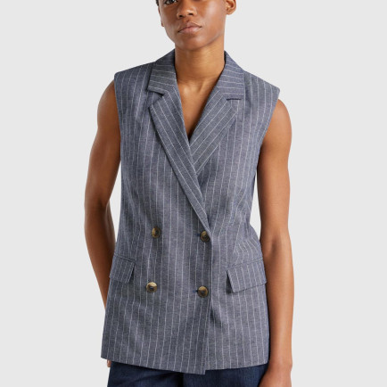 Kadın Lacivert Pamuk ve Keten Karışımlı İnce Çizgili Cepli Kruvaze Yelek Kadın Lacivert Pamuk ve Keten Karışımlı İnce Çizgili Cepli Kruvaze Yelek