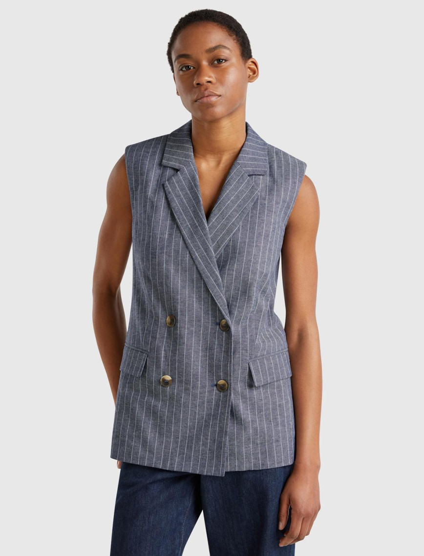 Kadın Lacivert Pamuk ve Keten Karışımlı İnce Çizgili Cepli Kruvaze Yelek Kadın Lacivert Pamuk ve Keten Karışımlı İnce Çizgili Cepli Kruvaze Yelek