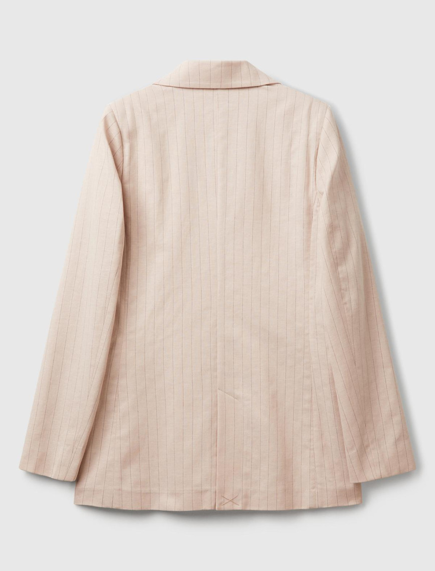 Kadın Bej Pamuk ve Keten Karışımlı İnce Çizgili Relax Fit Ceket Kadın Bej Pamuk ve Keten Karışımlı İnce Çizgili Relax Fit Ceket