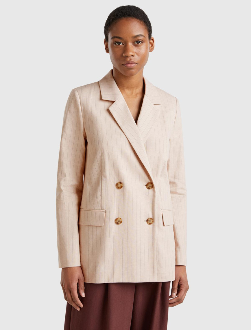 Kadın Bej Pamuk ve Keten Karışımlı İnce Çizgili Relax Fit Ceket Kadın Bej Pamuk ve Keten Karışımlı İnce Çizgili Relax Fit Ceket