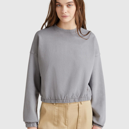 Kadın Antrasit %100 Pamuk Logo Baskılı Düşük Omuzlu Relax Fit Sweatshirt