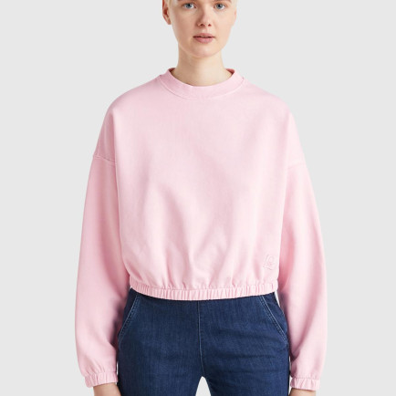 Kadın Pembe %100 Pamuk Logo Baskılı Düşük Omuzlu Relax Fit Sweatshirt