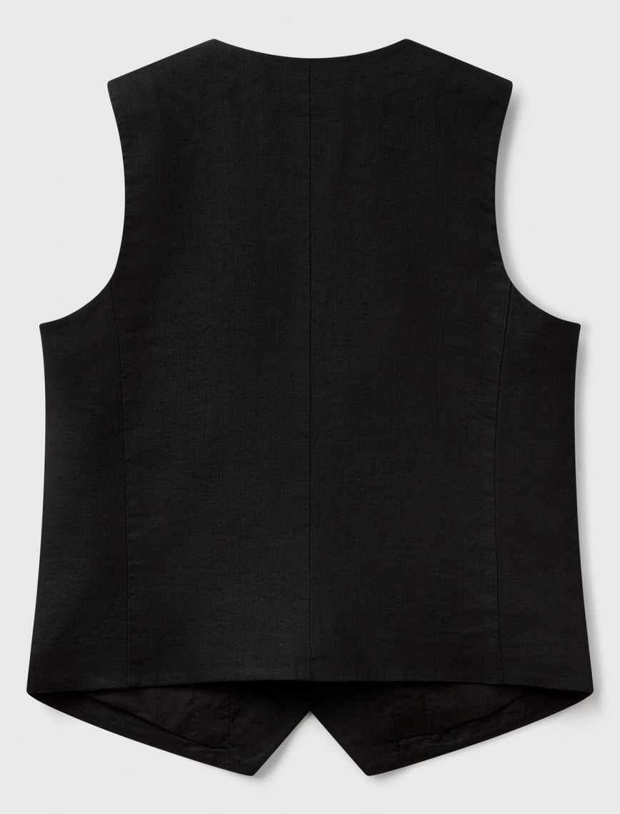 Kadın Siyah %100 Keten Önü Düğme İliklemeli V Yaka Yelek Kadın Siyah %100 Keten Önü Düğme İliklemeli V Yaka Yelek