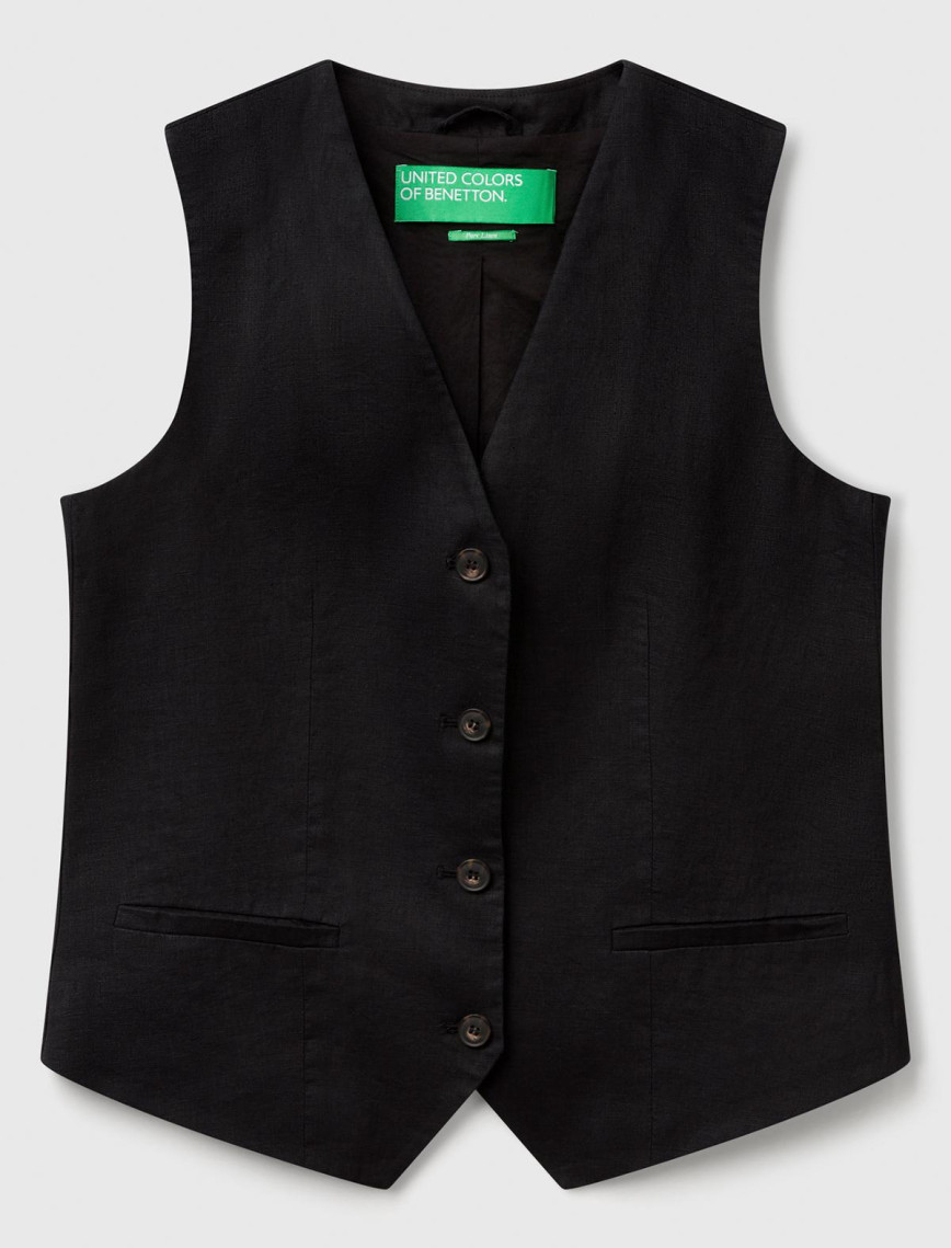 Kadın Siyah %100 Keten Önü Düğme İliklemeli V Yaka Yelek Kadın Siyah %100 Keten Önü Düğme İliklemeli V Yaka Yelek