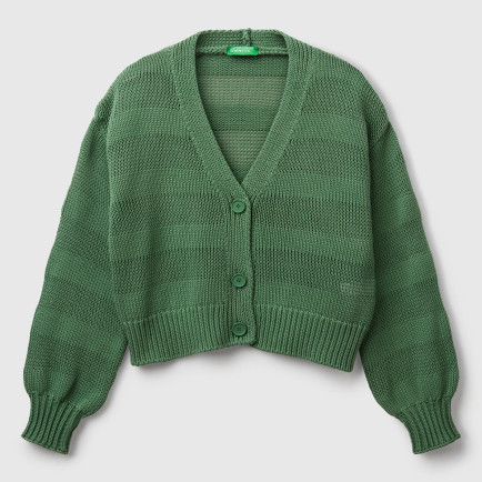 Kadın Açık Yeşil %100 Pamuk Şerit Efektli Düşük Omuzlu Örme Relax Fit Hırka