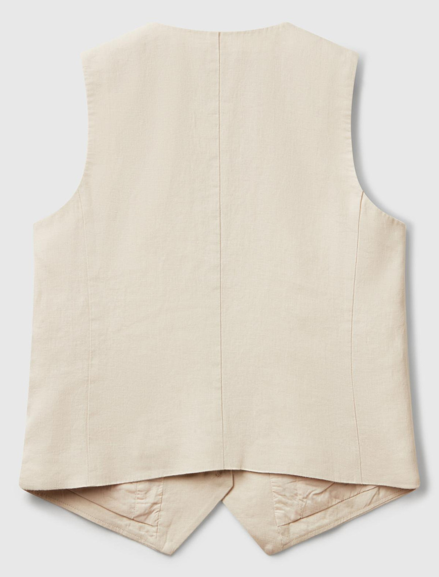 Kadın Taş Rengi %100 Keten Önü Düğme İliklemeli V Yaka Yelek Kadın Taş Rengi %100 Keten Önü Düğme İliklemeli V Yaka Yelek