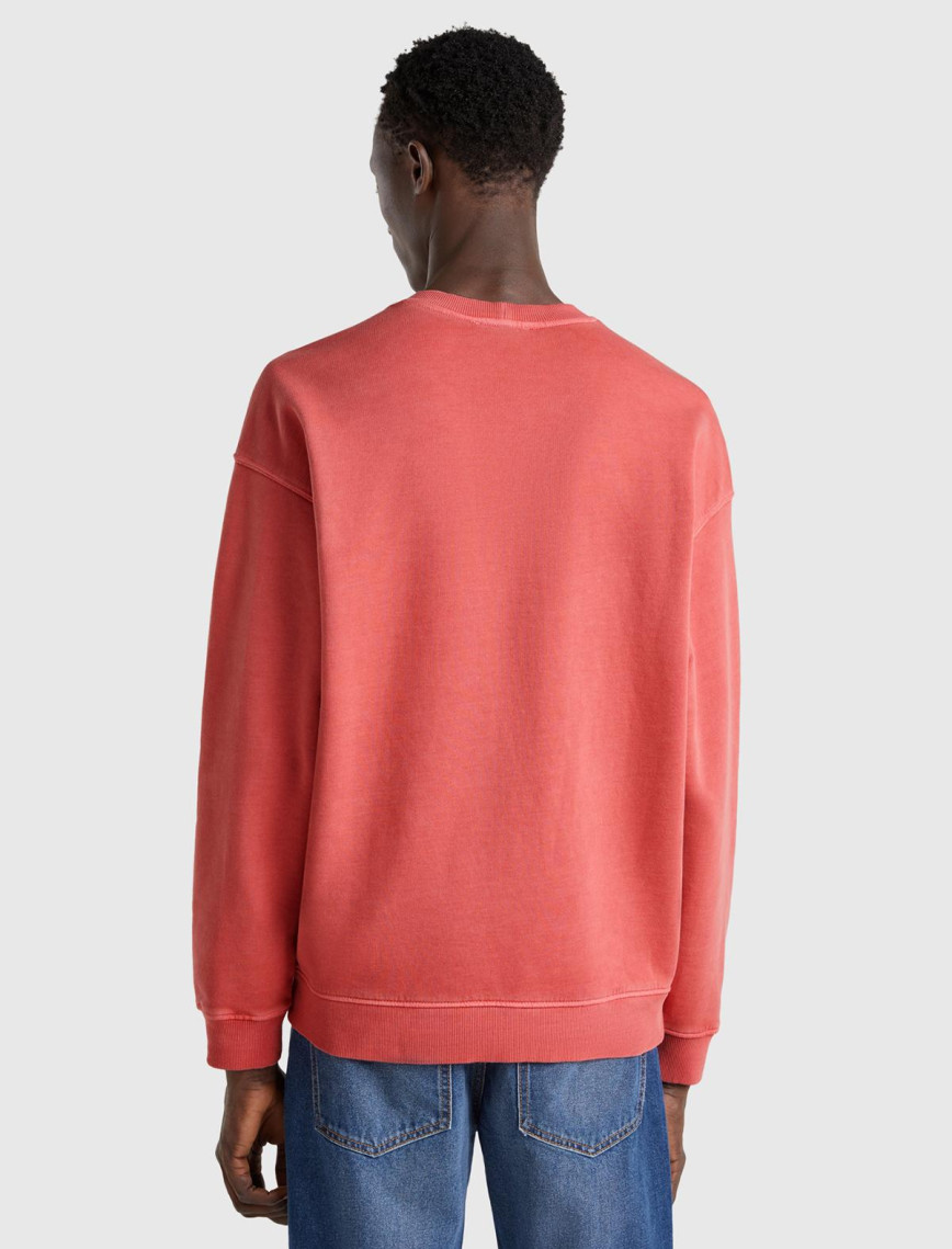 Erkek Mercan Pamuklu Logo Etiketi Detaylı Bisiklet Yaka Sweatshirt